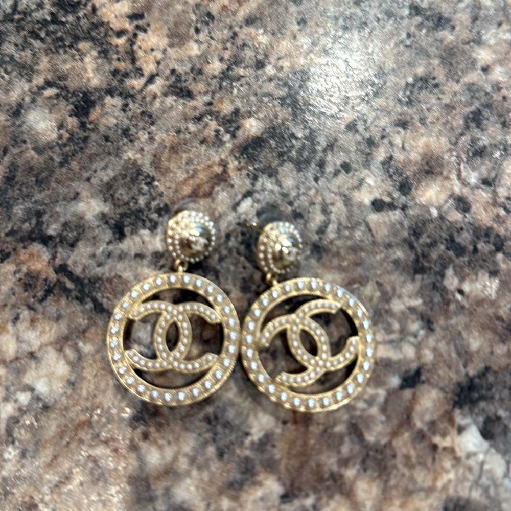 CHANEL Gold and White Iconic Earrings